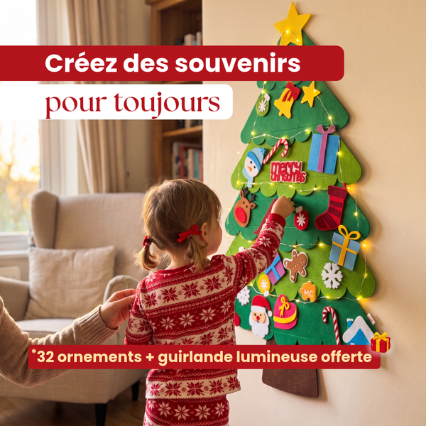 Petite fille qui décore le sapin de Noël en feutrine lumineux, 32 ornements et guirlande offerte