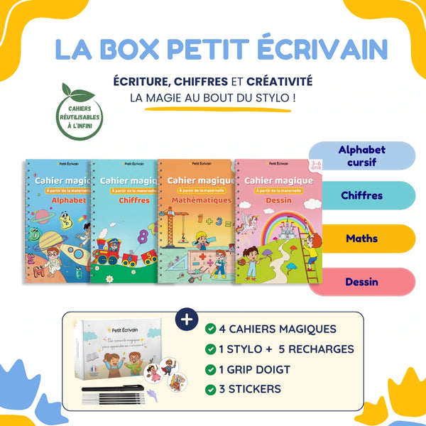 Box Petit Écrivain : 4 cahiers magiques réutilisables (alphabet, chiffres, maths, dessin), stylo, recharges, grip et stickers