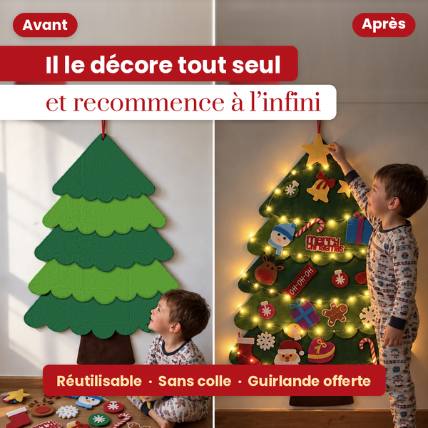Sapin de Noël en feutrine avant et après décoration par un enfant, réutilisable et sans colle