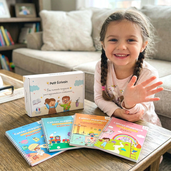 Petite fille souriante avec le coffret et les 4 cahiers magiques Petit Écrivain posés sur la table du salon